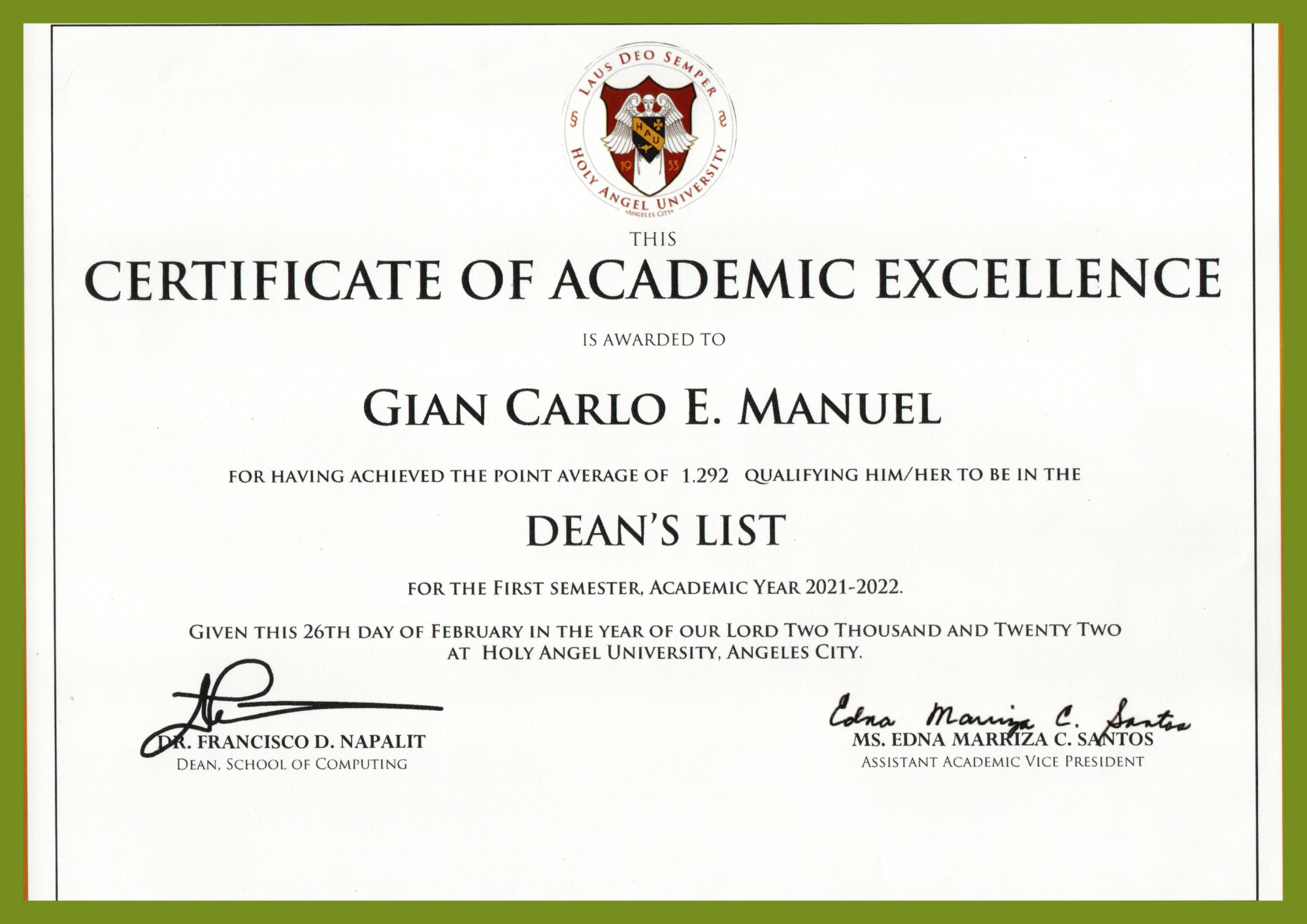 Dean's List Award - 1st Semester, A.Y 2021-2022