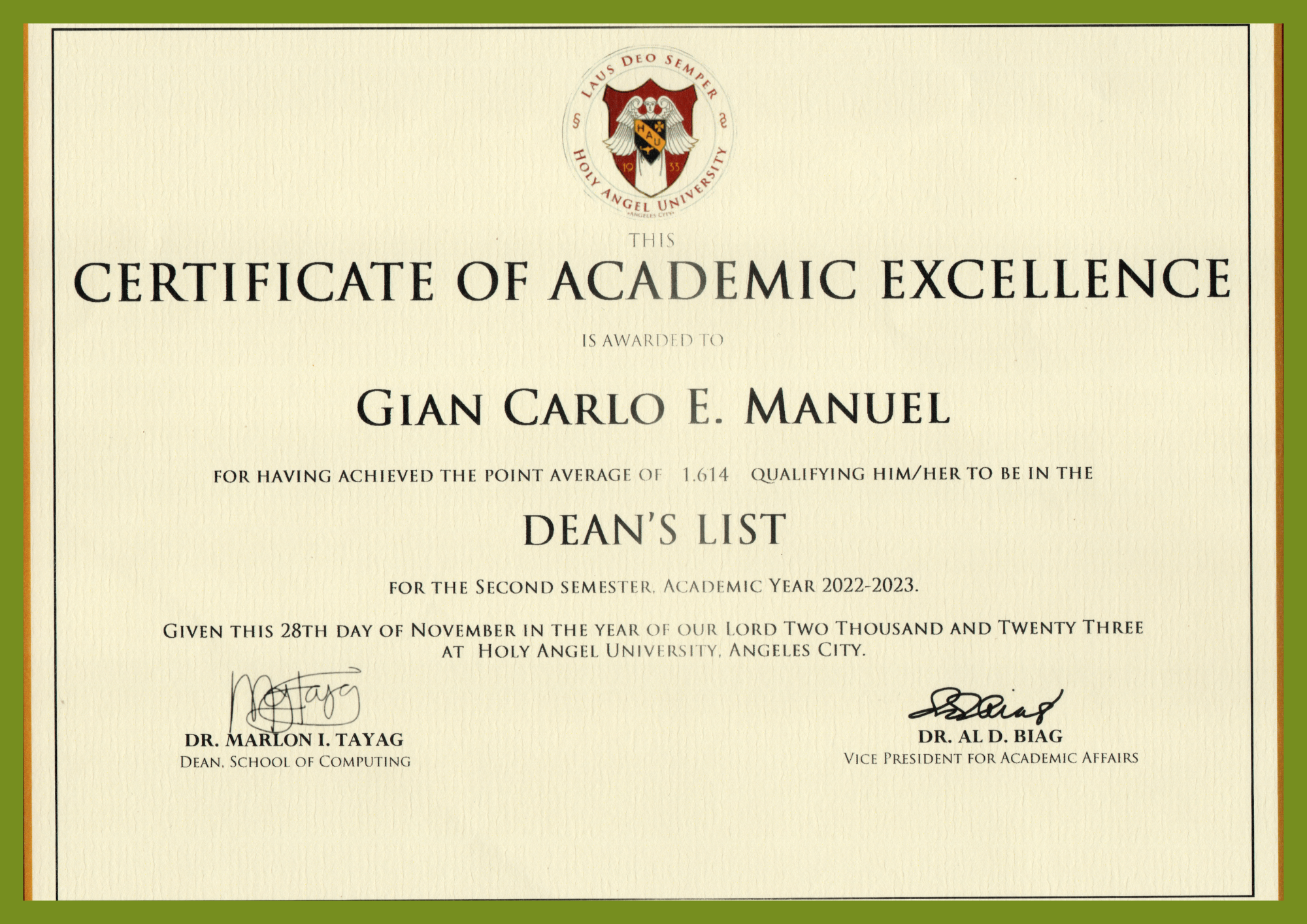 Dean's List Award - 2nd Semester, A.Y 2022-2023