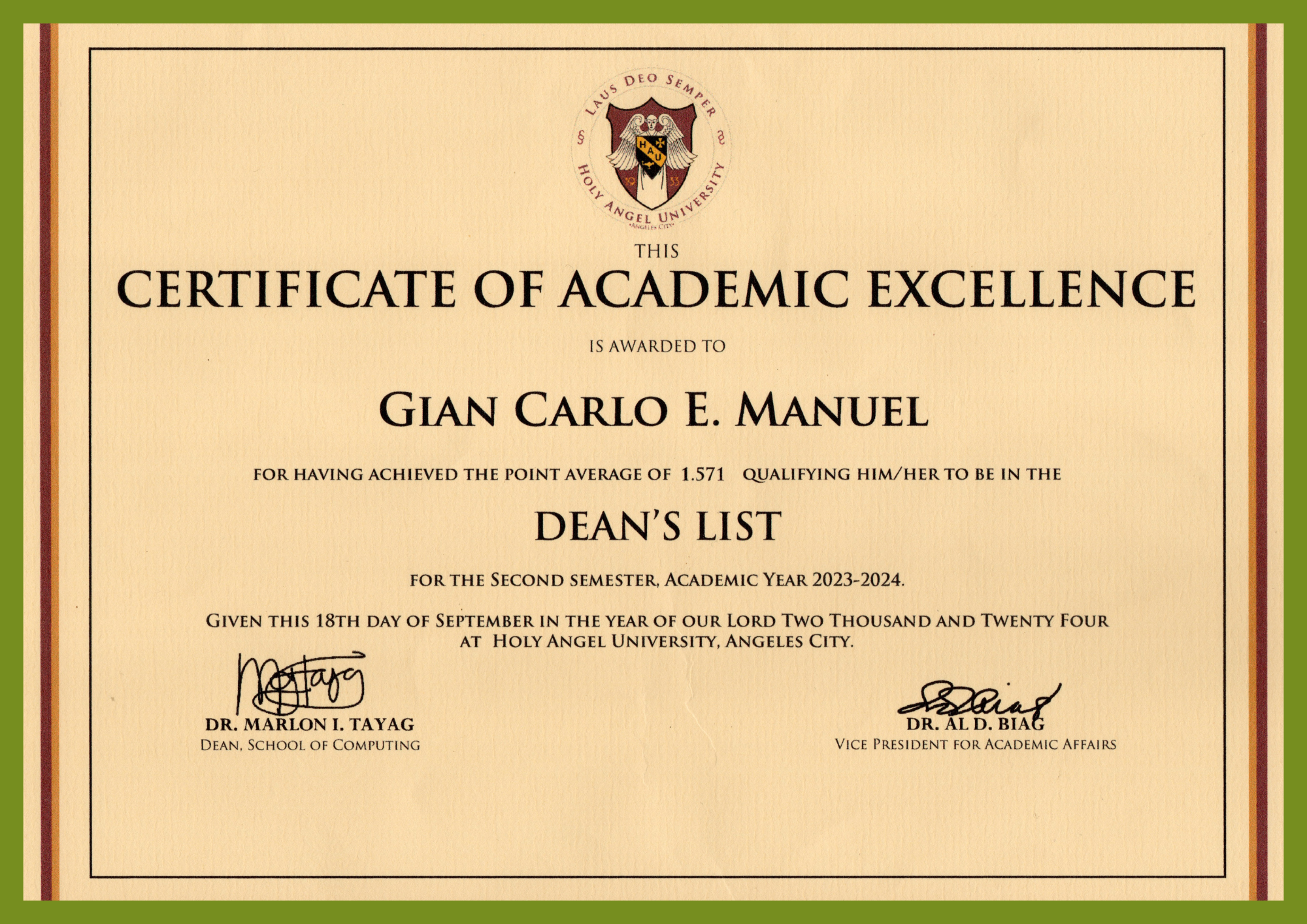 Dean's List Award - 2nd Semester, A.Y 2023-2024
