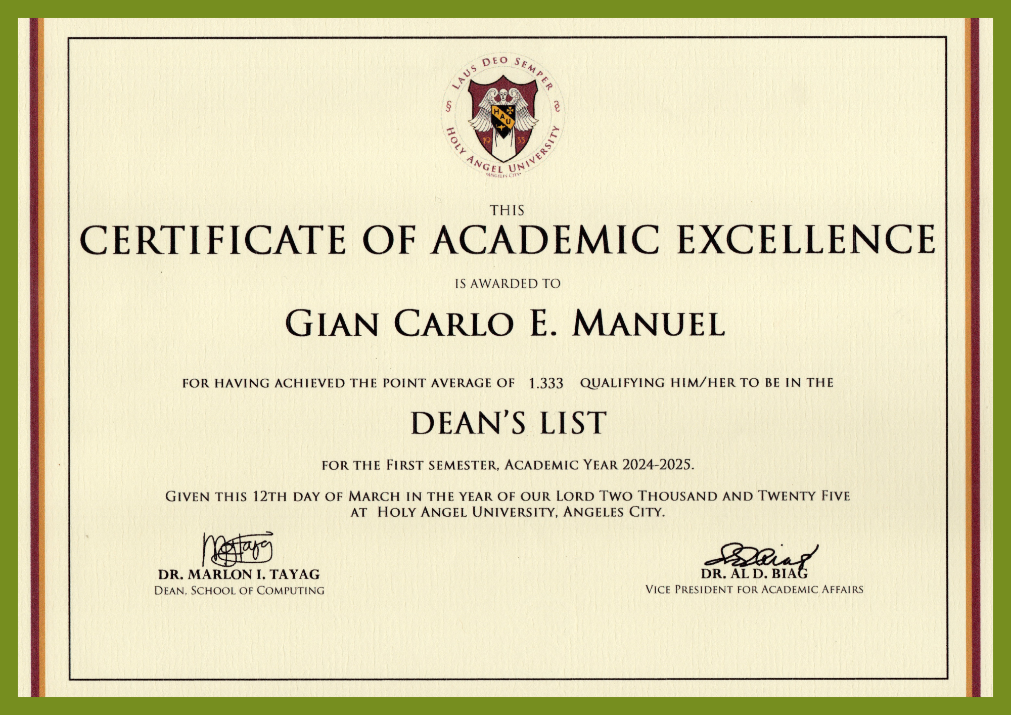 Dean's List Award - 1st Semester, A.Y 2024-2025